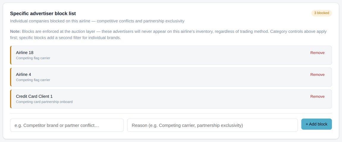 Specific advertiser block list, showing three blocked advertisers with reasons
