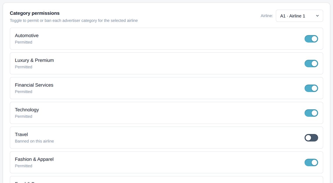 Category permissions, with each advertiser category permitted or banned for this airline